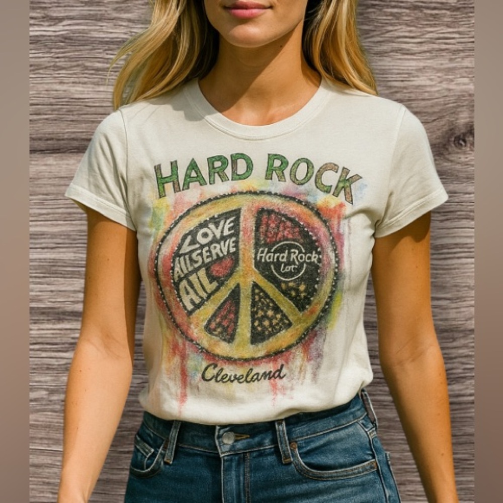Hard Rock Cafe Cleveland Y2K Graphic Rhinestone Splatter Shirt Logo Size M - Picture 3 of 7